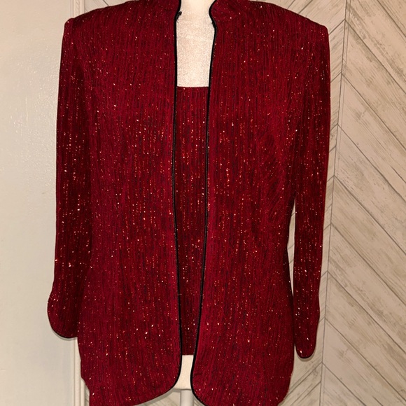 Alex Evenings open front jacket w/matching tank top maroon/black satin trim SP - Picture 2 of 11